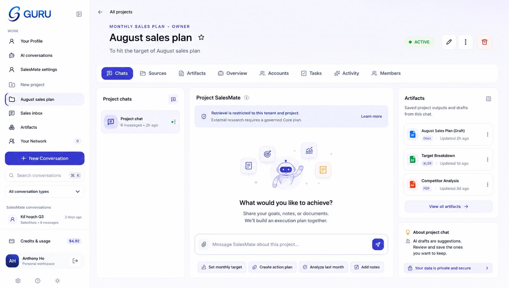 Workspace cá nhân GURU với tri thức AI SalesMate, hội thoại và cài đặt phản hồi